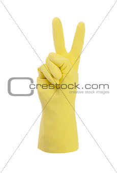 Yellow cleaning glove, victory sign