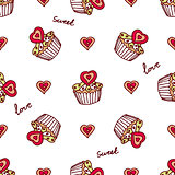 Seamless pattern with doodle heart shaped cookies and cupcakes