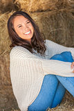 Beautiful Asian Eurasian Girl Woman Sitting on Hay Bale