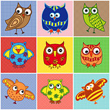 Nine amusing owls over square seamless patterns