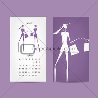 Calendar 2016 grid. Fashion girls design