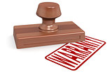 Wooden stamp warranty with red text