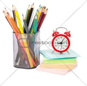 Crayons with alarm clock and stickers