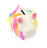 Piggy bank with stickers on white