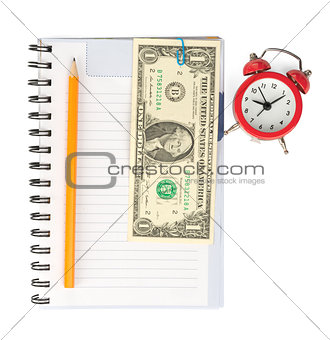 Copybook with alarm clock and cash
