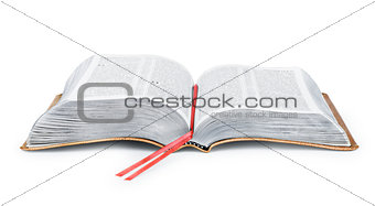 A photo of an open Bible isolated on a white background.
