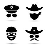 Set of black vector icons. Policeman icon. Thief icon. Sheriff icon. Cowboy icon