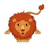 Cute cartoon smiling lion lying with fluffy mane and kind muzzle