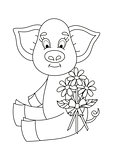 Vector illustration, cute pig giving bouquet of camomiles