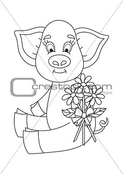 Vector illustration, cute pig giving bouquet of camomiles