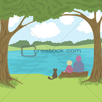 Beautiful landscape with grandmother, grandson and cat sitting on log, admire a nature