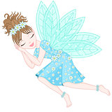 Cute fairy in bright cyan dress decorated of flowers