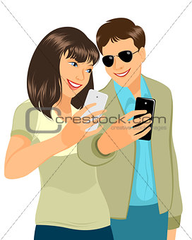 Young couple with cellphones