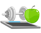 Dumbbells, apple and scales