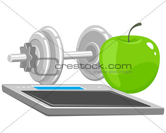 Dumbbells, apple and scales