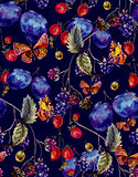 Autumn harvest watercolor seamless pattern with fruits and butte