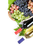 Bunch of red, purple and white grapes and wine