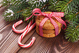 Christmas gingerbread cookies, candy cane and tree branch