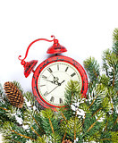 Christmas background with clock, snow fir tree
