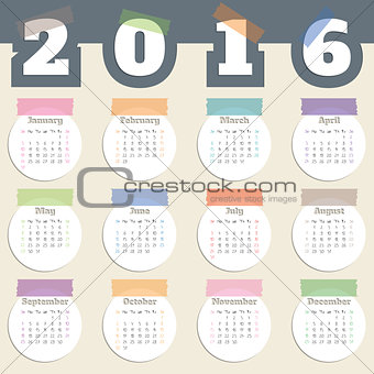 Cool calendar with color tapes and white circles for year 2016