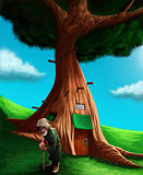 A gnome in front his magical tree house