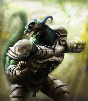 a lizard warrion wearing a steel armor 