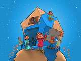 Children and teacher on global house