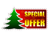 special offer and christmas tree on red banner with snowflakes
