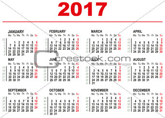 2017 Calendar template. Horizontal weeks. First day Monday
