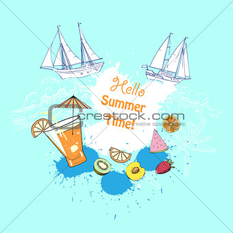 Summer background with cocktail glass and fruit