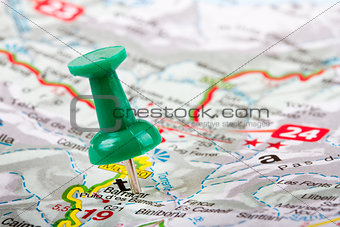 thumbtack in a map. travel destinations
