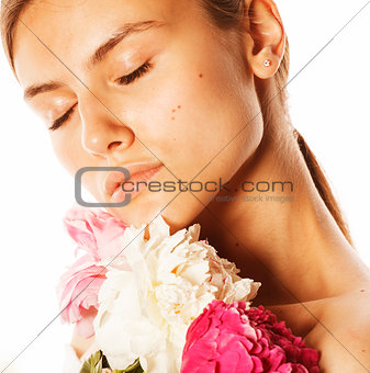 young beauty woman with flower peony pink closeup makeup soft tender gentle look