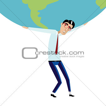Businessman holding big globe overhead
