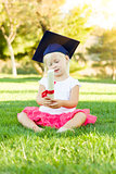 Little Girl In Grass Wearing Graduation Cap Holding Diploma With