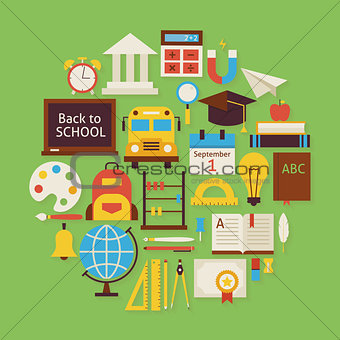 Back to School and Education Vector Flat Design Circle Shaped Ob
