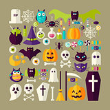 Big Flat Style Vector Collection of Halloween Holiday Objects