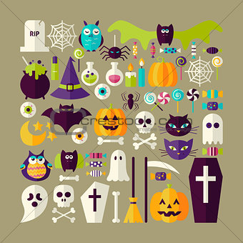 Big Flat Style Vector Collection of Halloween Holiday Objects