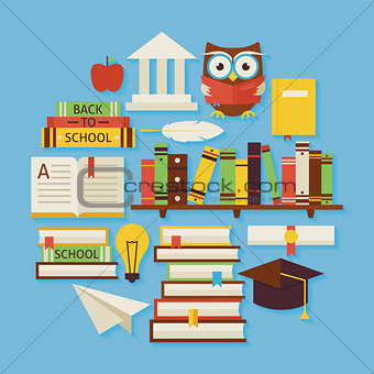 Books Education and Knowledge Vector Flat Design Circle Shaped O