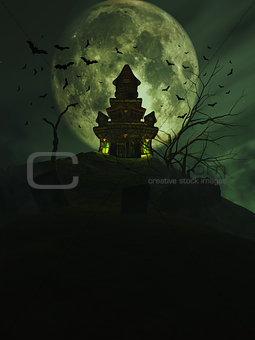 3D Halloween castle with bats in the sky
