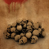 3D Halloween background with pile of skulls on bloody grunge bac