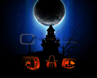 3D Halloween background with pumpkins, spooky castle silhouette 