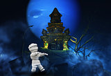 3D Halloween background with zombie and spooky castle