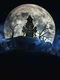 3D spooky castle against a moonlit sky