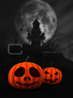 3D spooky pumpkins in haunted castle landscape