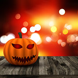 3D Halloween background with pumpkin on a wooden table