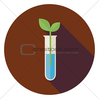 Flat Biology Flask with Green Plant Circle Icon with Long Shadow