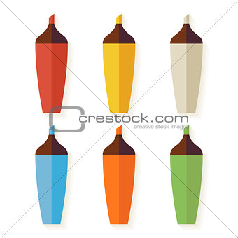 Flat Colorful Markers with Shadow Set isolated over white