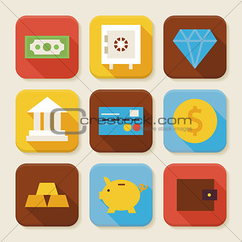 Flat Finance and Banking Squared App Icons Set