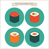 Flat Food Sushi Rolls Circle Icons Set