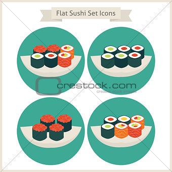 Flat Food Sushi Set Circle Icons